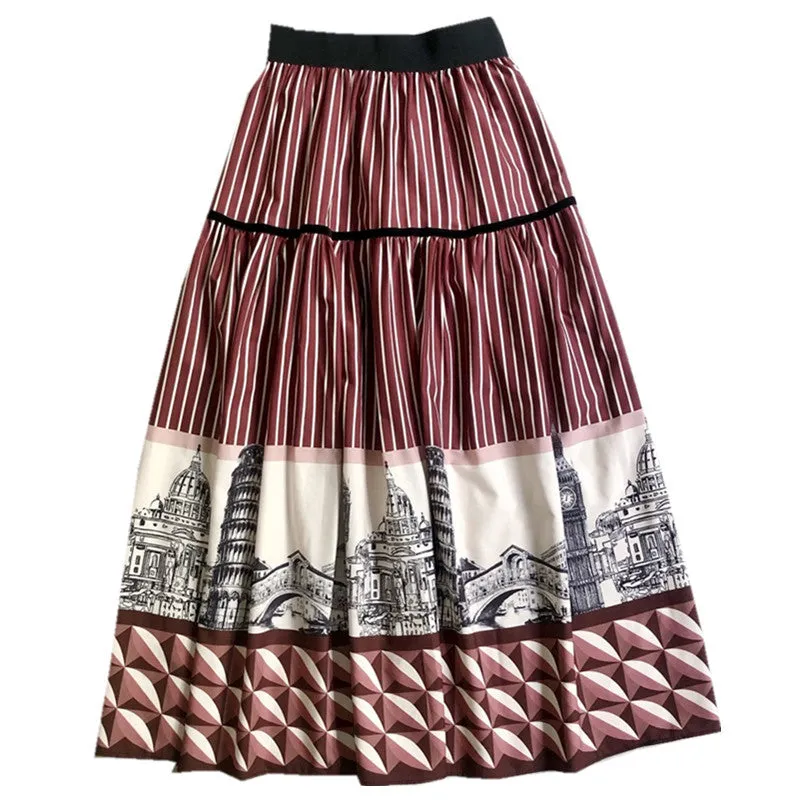 castle print A-line skirt MIDI skirt  3695