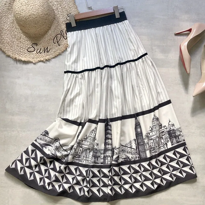 castle print A-line skirt MIDI skirt  3695