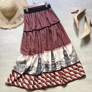 castle print A-line skirt MIDI skirt  3695