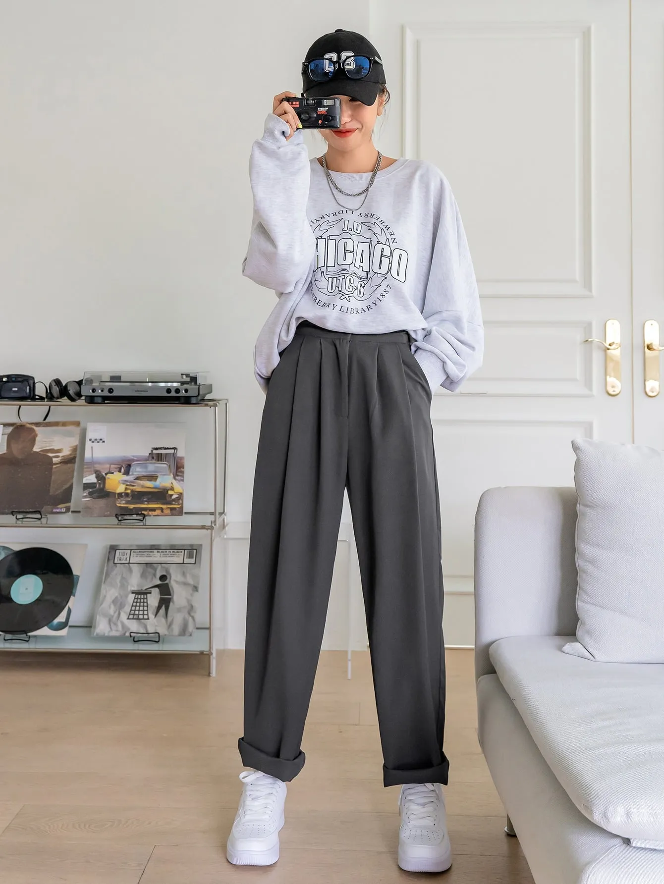 Casual Plain Plicated Natural Long Women Pants