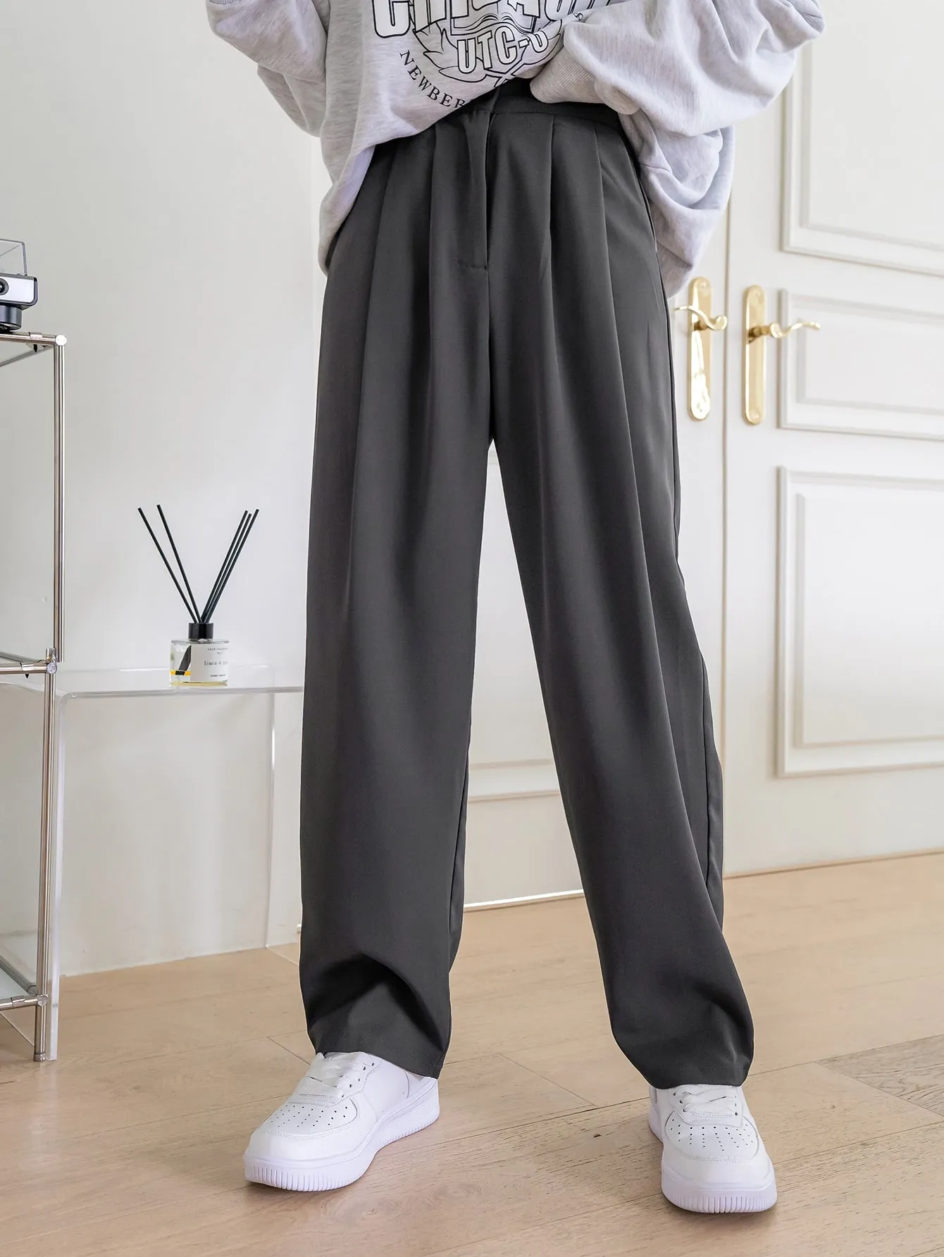 Casual Plain Plicated Natural Long Women Pants