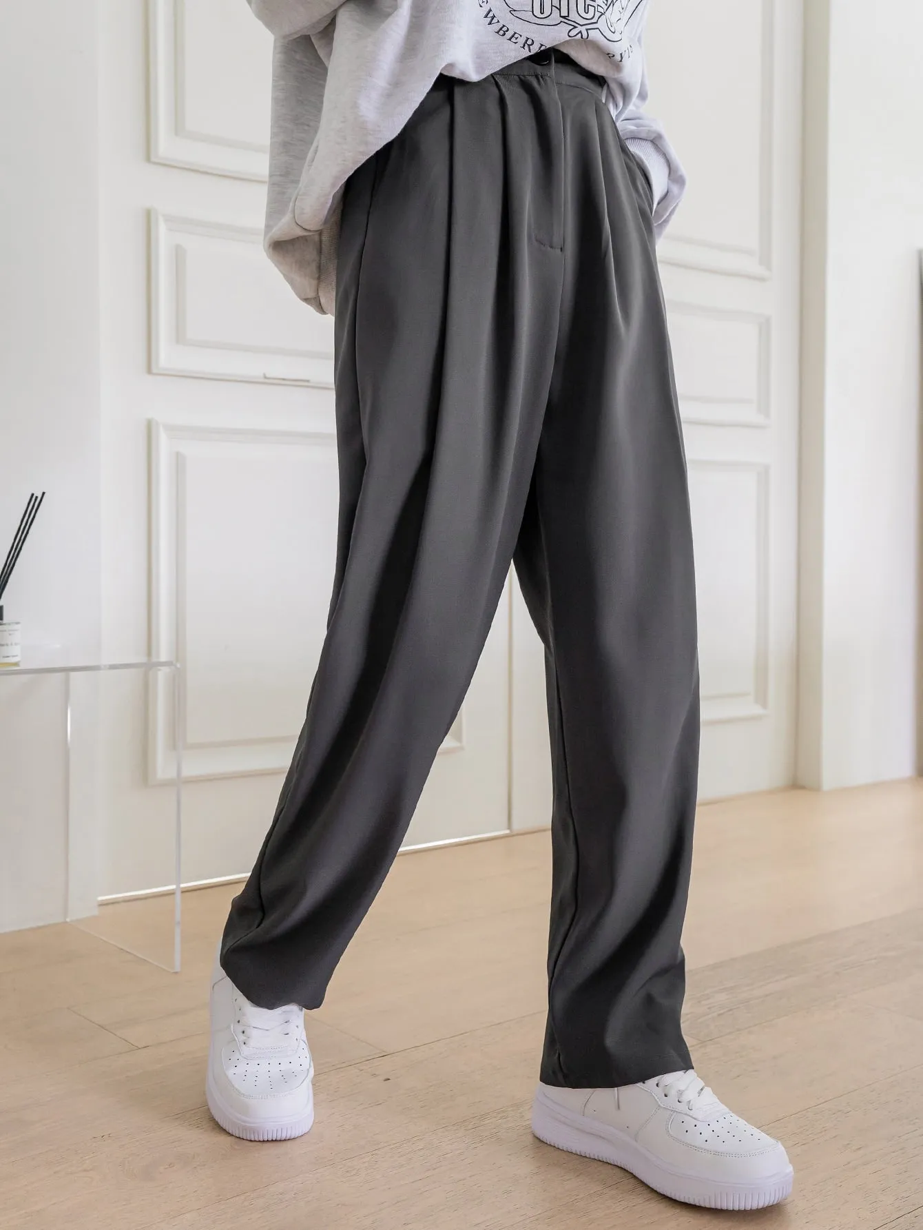 Casual Plain Plicated Natural Long Women Pants