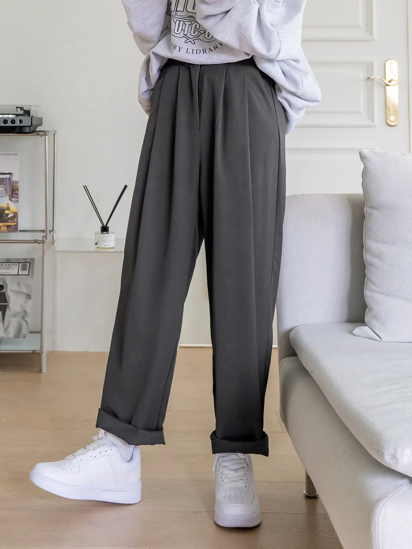 Casual Plain Plicated Natural Long Women Pants