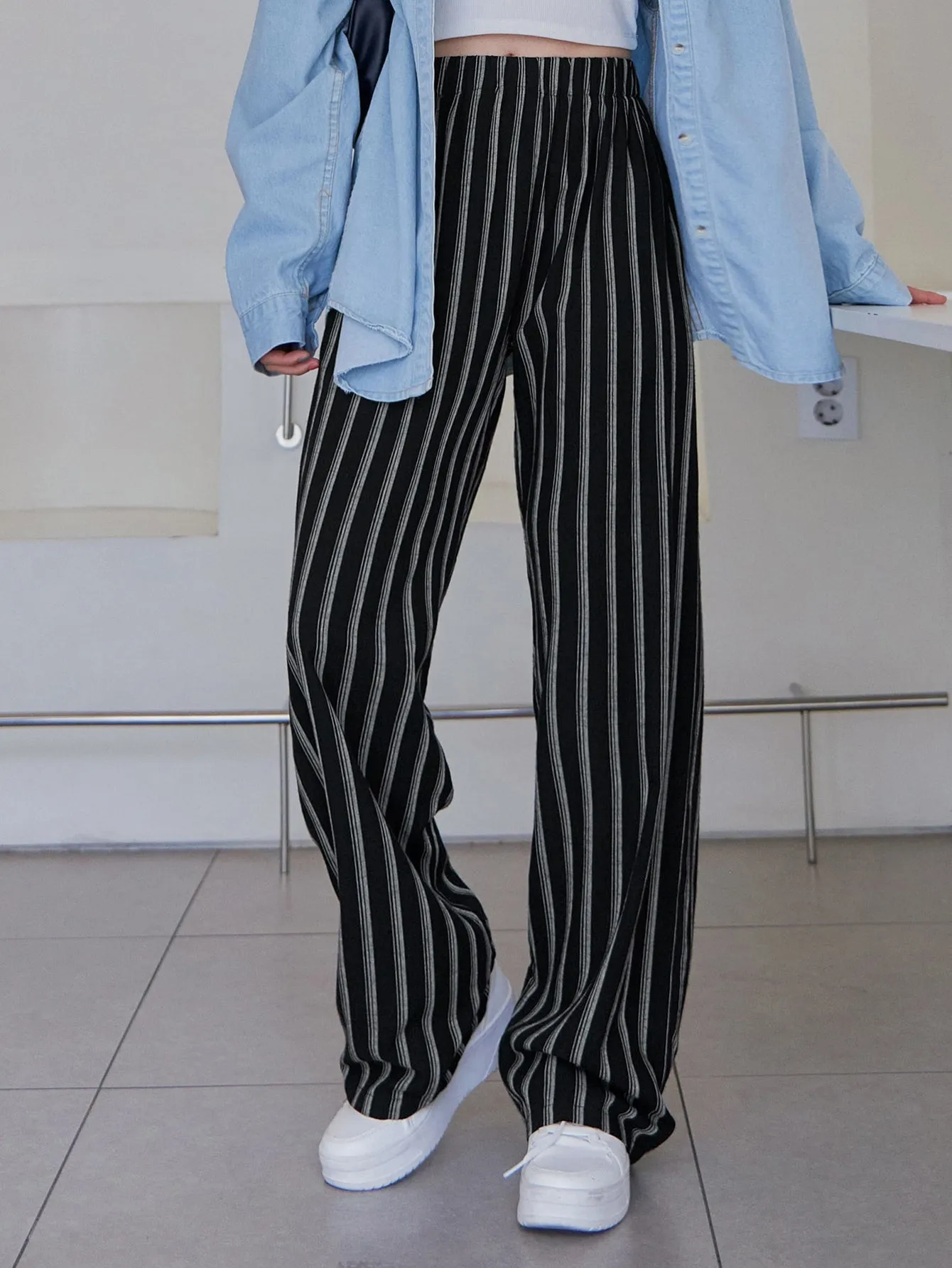 Casual Striped Pocket Natural Long Women Pants