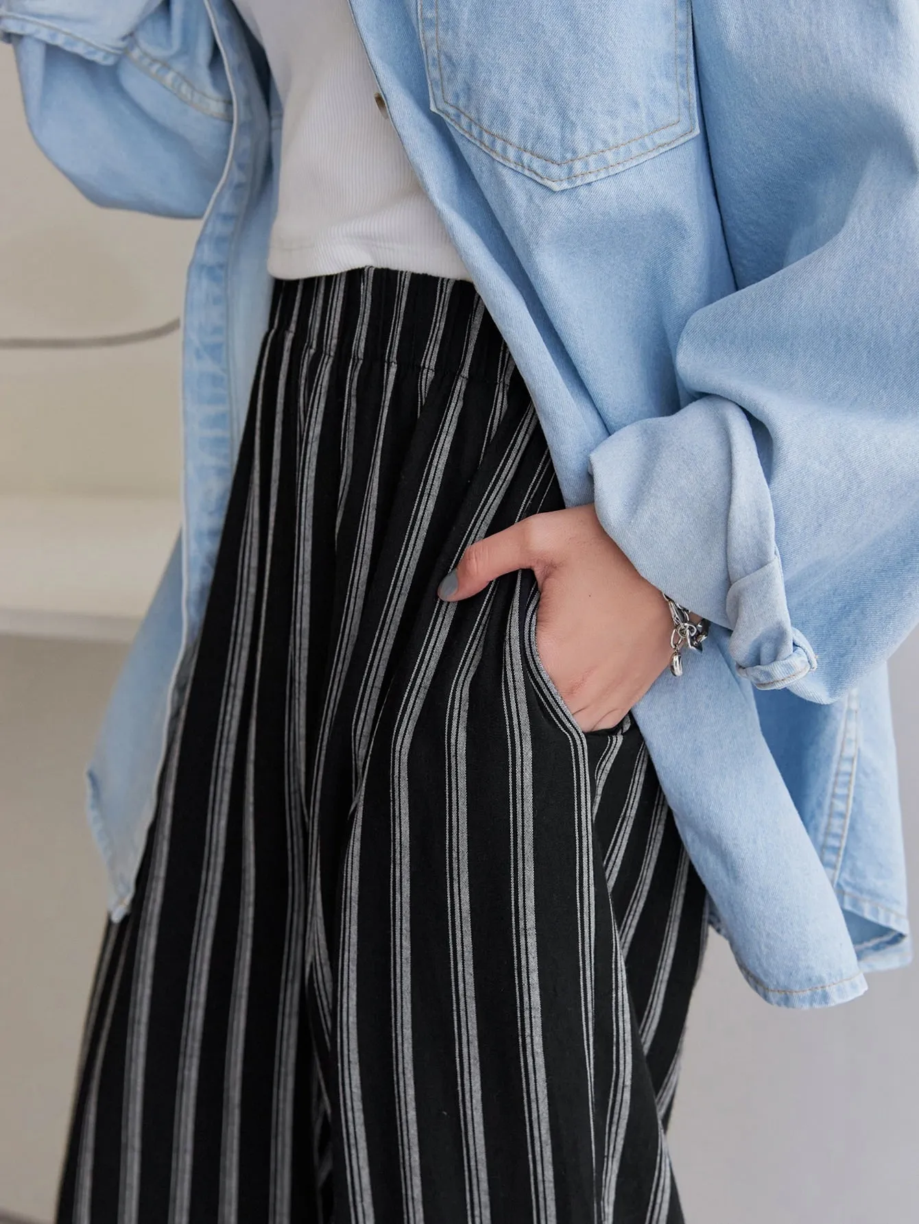 Casual Striped Pocket Natural Long Women Pants