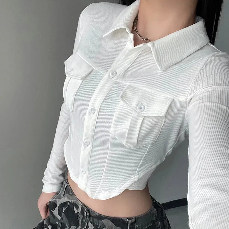 Casual White Knit Ribbed Bodycon Women Blouses Cargo Style Pockets Crop Top Autumn Shirt Slim Korean T-shirts Outfits