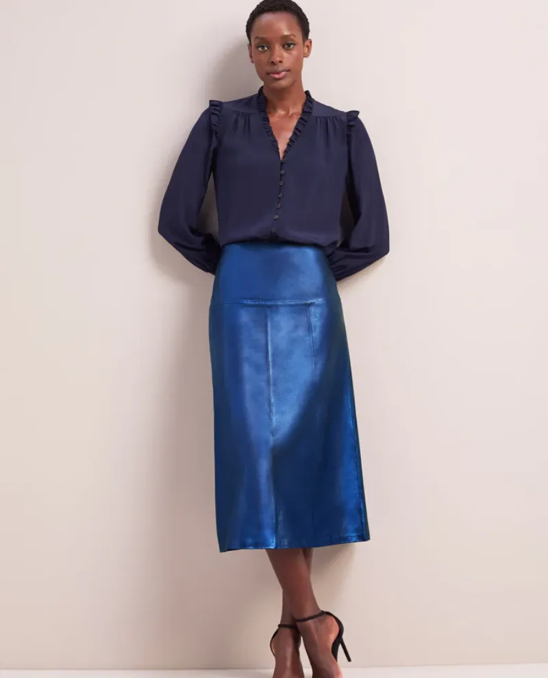 Cefinn Tiana Metallic Blue Leather Midi Skirt