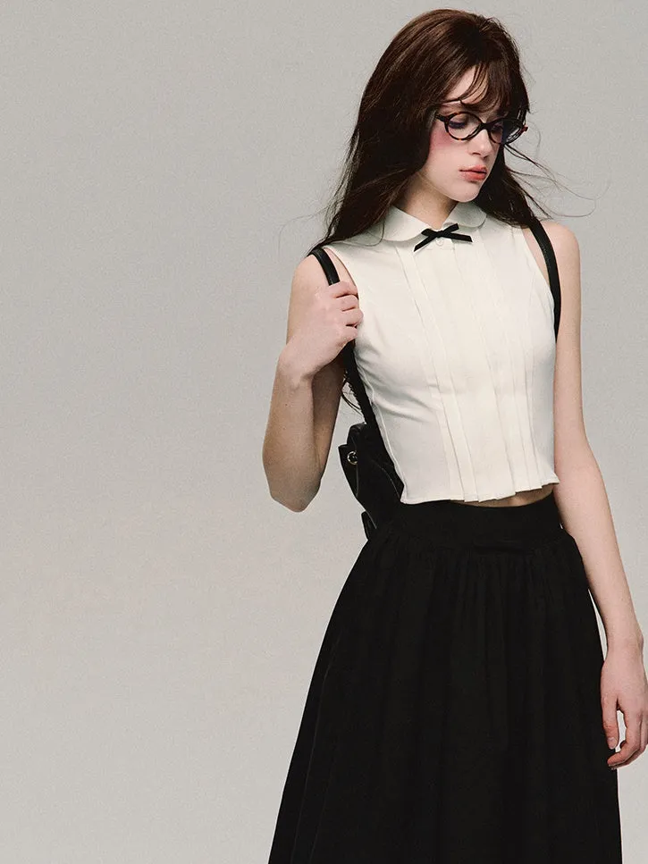 College Style Bow Lace Spliced Mid-Length Skirt