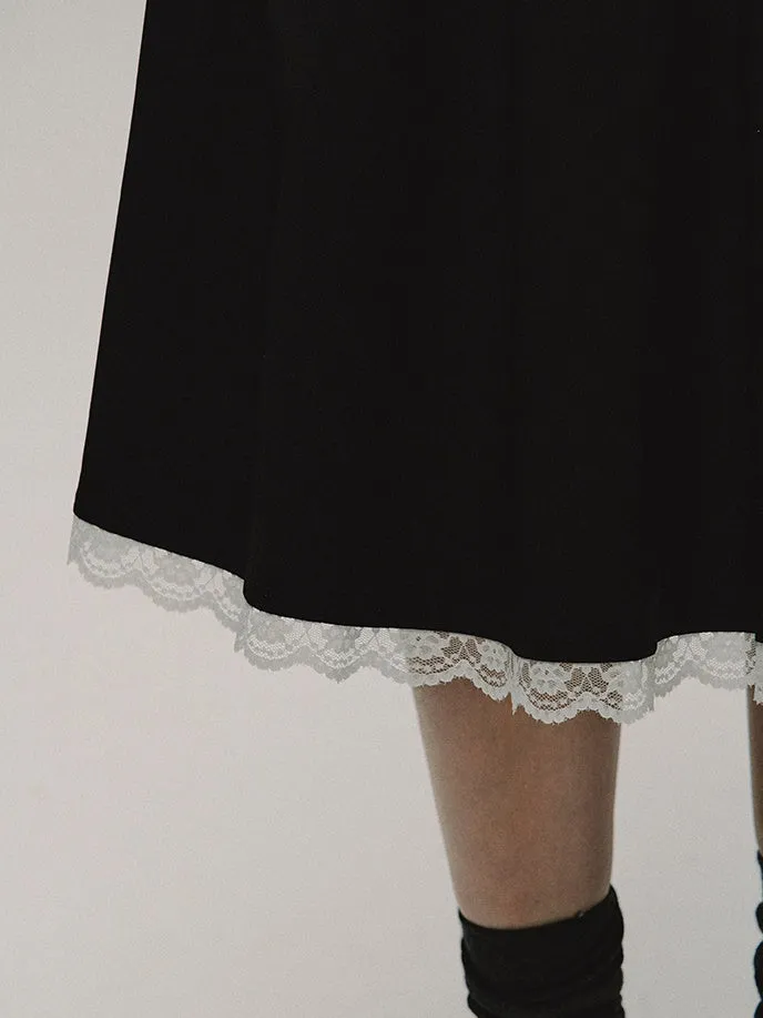 College Style Bow Lace Spliced Mid-Length Skirt