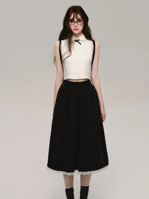 College Style Bow Lace Spliced Mid-Length Skirt