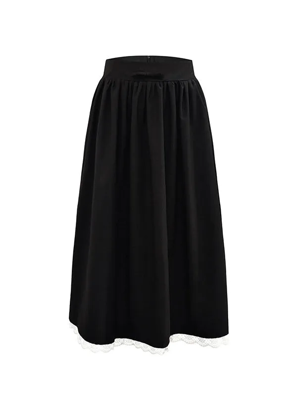 College Style Bow Lace Spliced Mid-Length Skirt