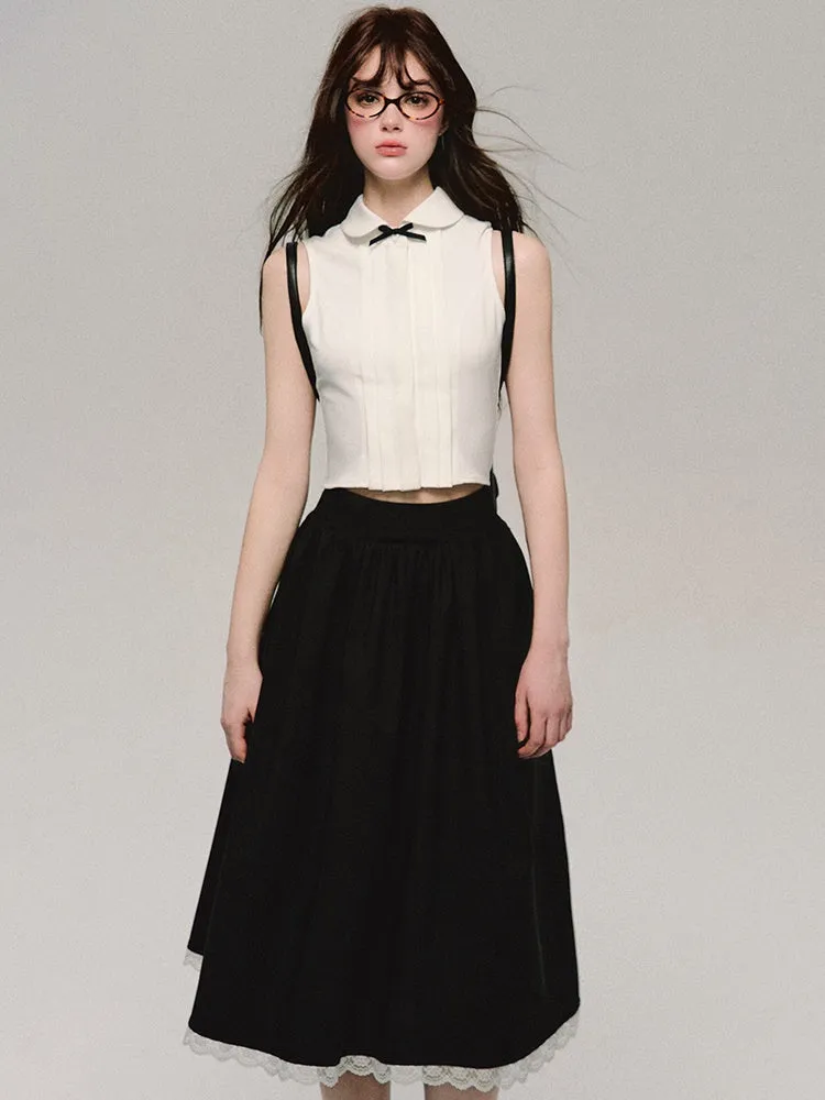 College Style Bow Lace Spliced Mid-Length Skirt