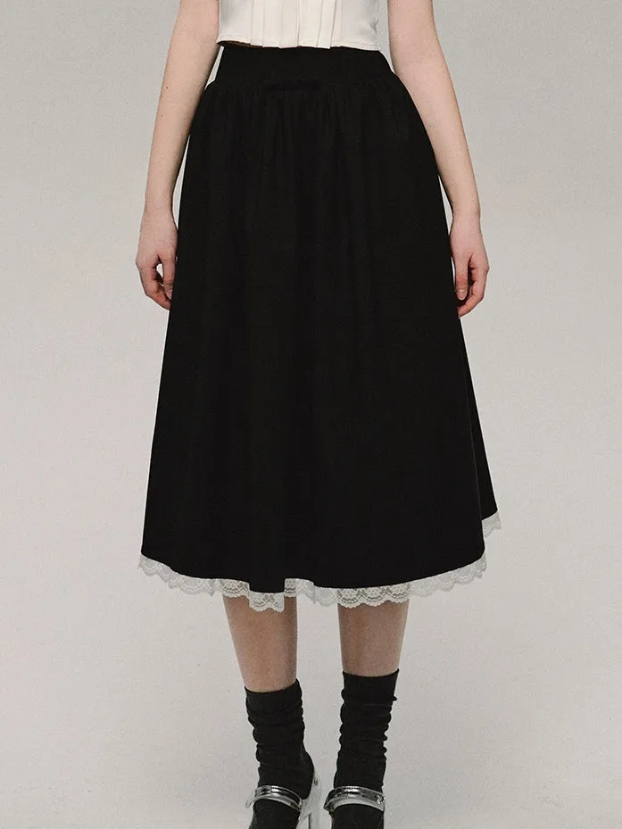 College Style Bow Lace Spliced Mid-Length Skirt