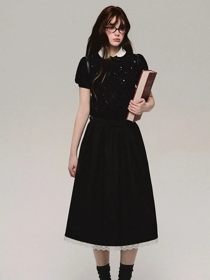 College Style Bow Lace Spliced Mid-Length Skirt