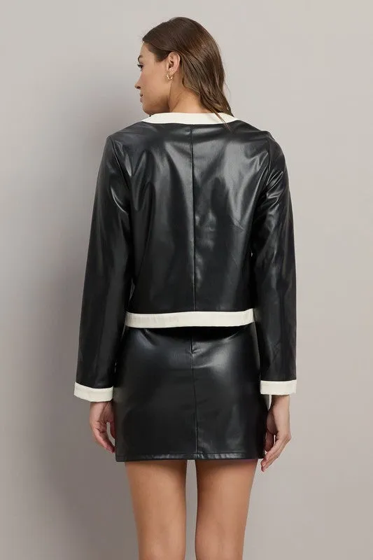 Contrast Trim Vegan Leather Skirt