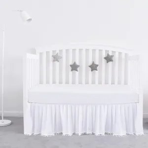 Crib Skirt - Dust Ruffle with Lovely Pompoms, 14" Drop, White (for Standard Crib/ Toddler Bed)