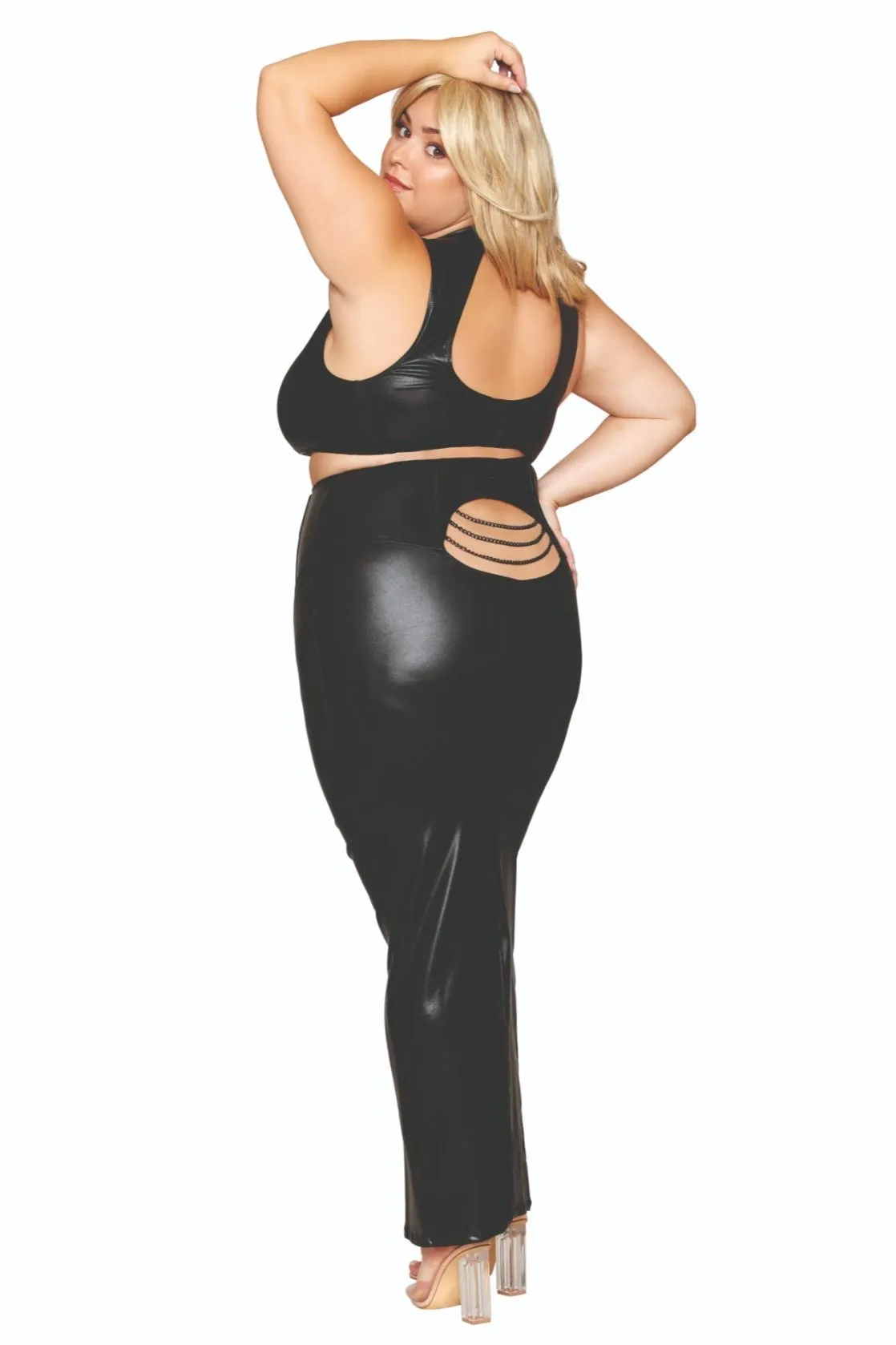 Curvy Faux Leather Harness Bra & Long Skirt Set