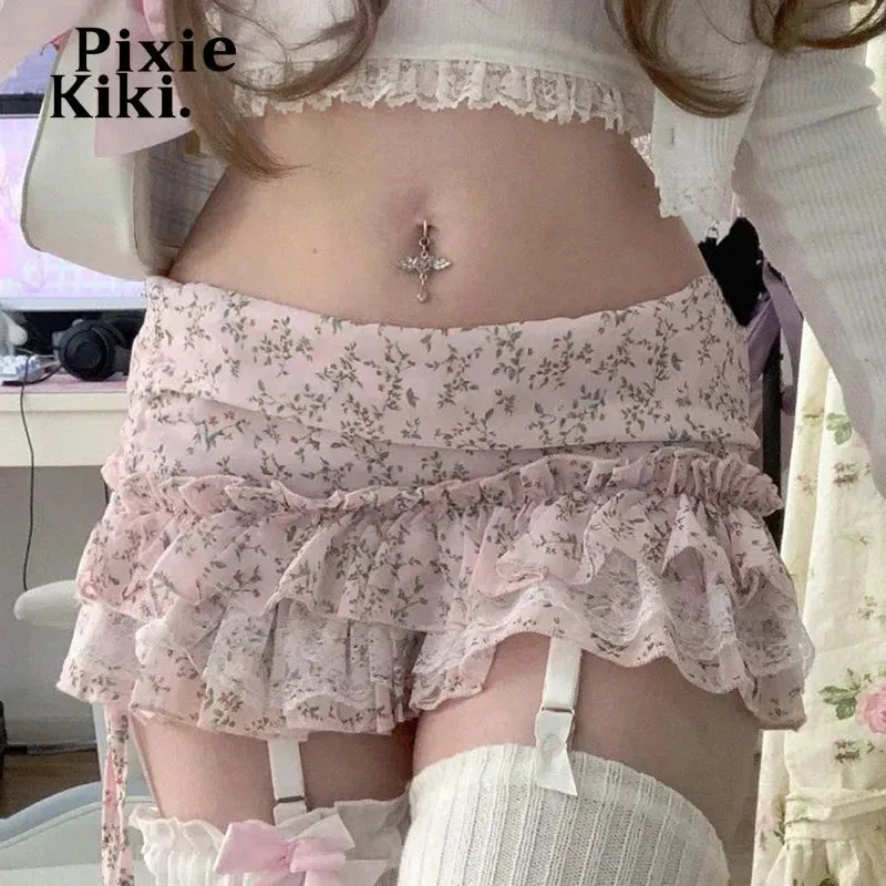 Cutecore Pink Floral Print Lace Trim Chiffon Skirt Y2k Clothing Kawaii Girls Low Waist Tiered Mini Skirts P84-DZ10