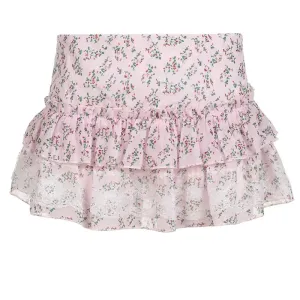 Cutecore Pink Floral Print Lace Trim Chiffon Skirt Y2k Clothing Kawaii Girls Low Waist Tiered Mini Skirts P84-DZ10