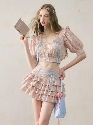 Cutwork Lace Ribbon Cropped Shirt & Cake Skirt