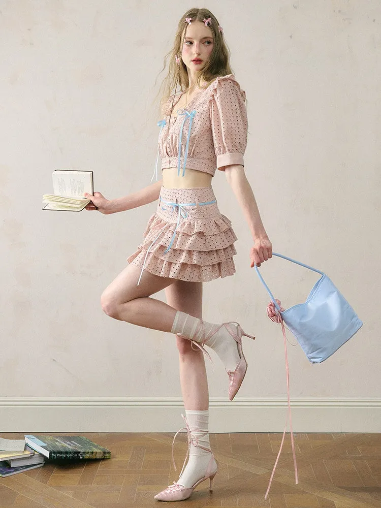 Cutwork Lace Ribbon Cropped Shirt & Cake Skirt