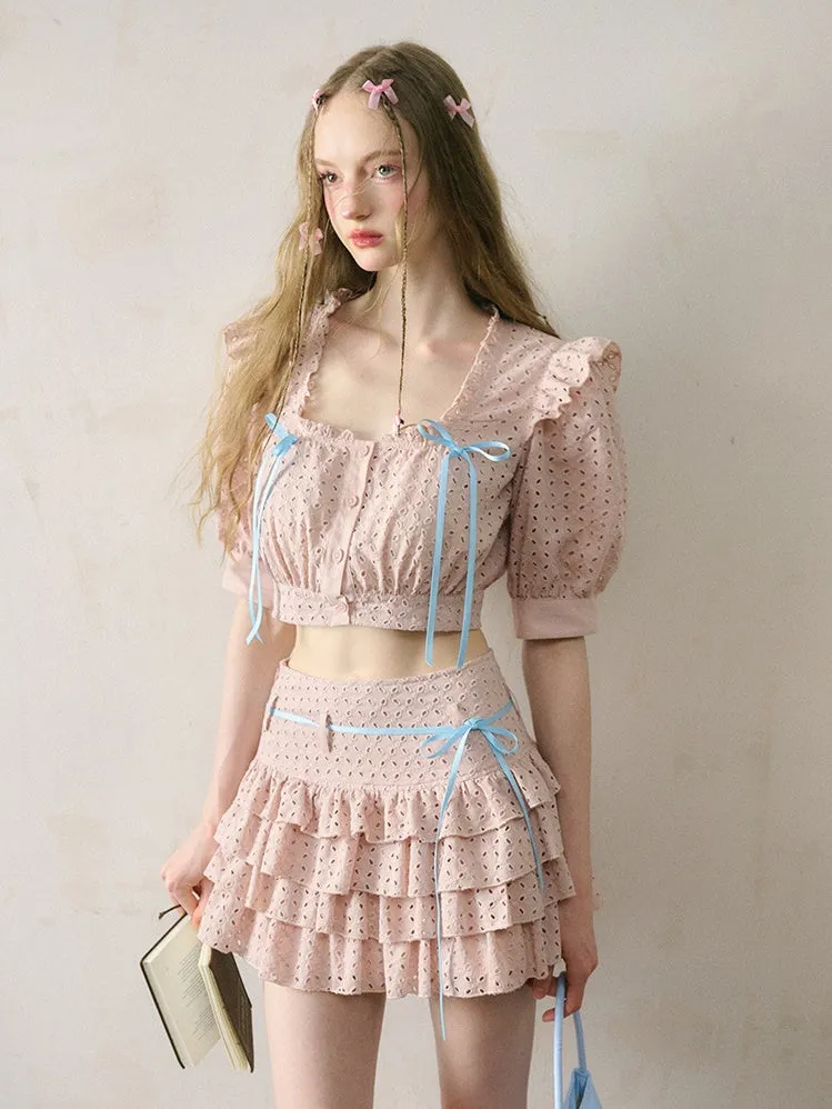 Cutwork Lace Ribbon Cropped Shirt & Cake Skirt