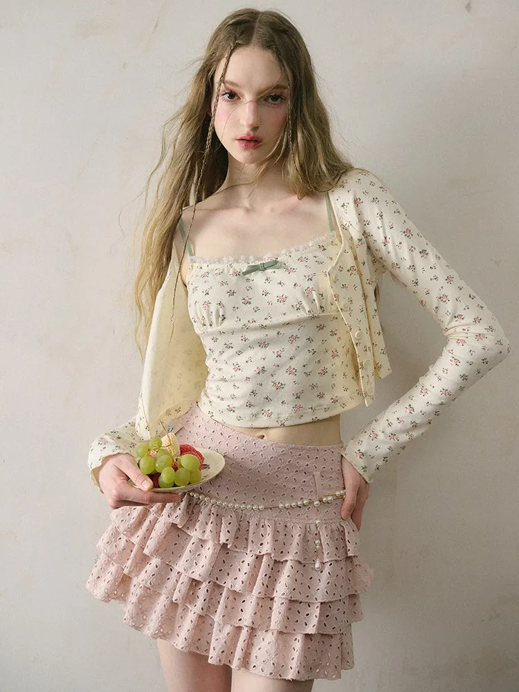 Cutwork Lace Ribbon Cropped Shirt & Cake Skirt