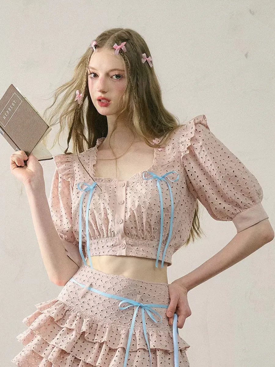 Cutwork Lace Ribbon Cropped Shirt & Cake Skirt