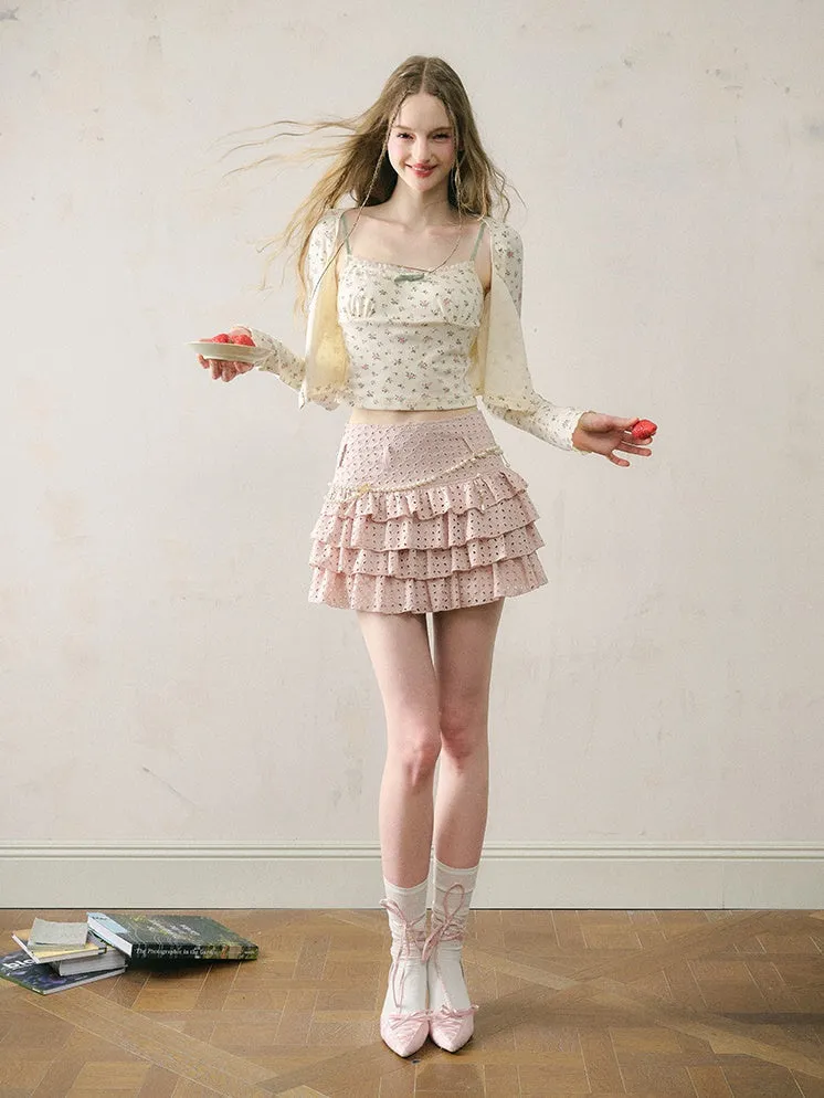 Cutwork Lace Ribbon Cropped Shirt & Cake Skirt