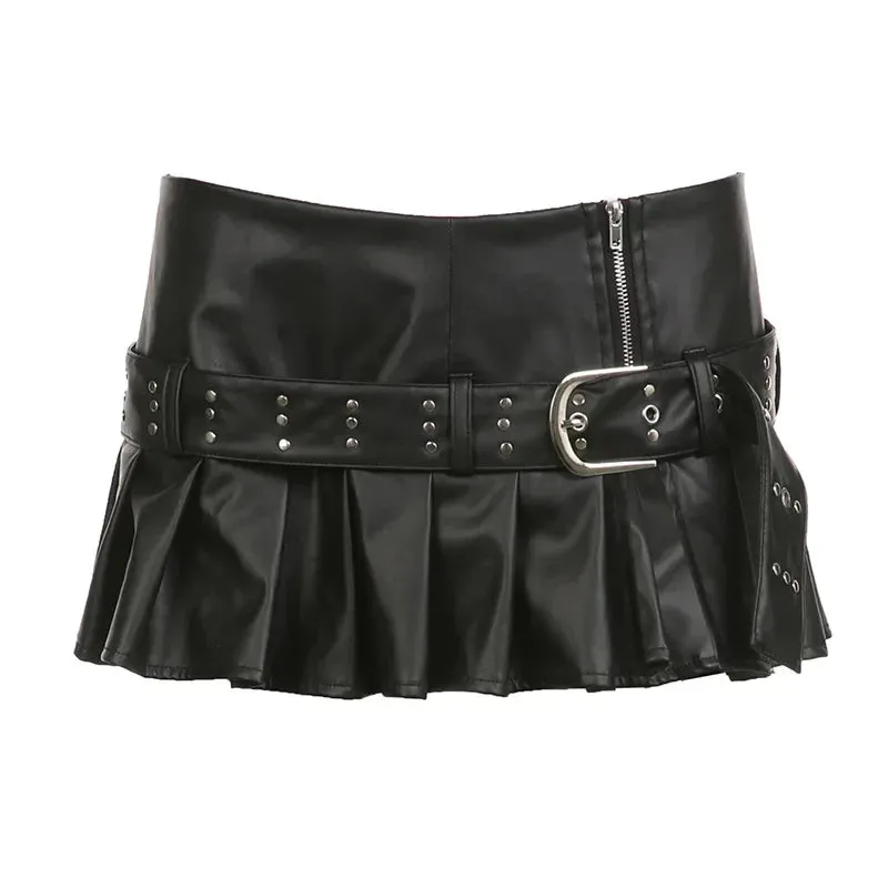 Cyberpunk Buckle Studded Belted PU Leather Skirt Black Low Rise Slit Pleated Mini Skirt Y2k Trendy Clothes P67-EG23