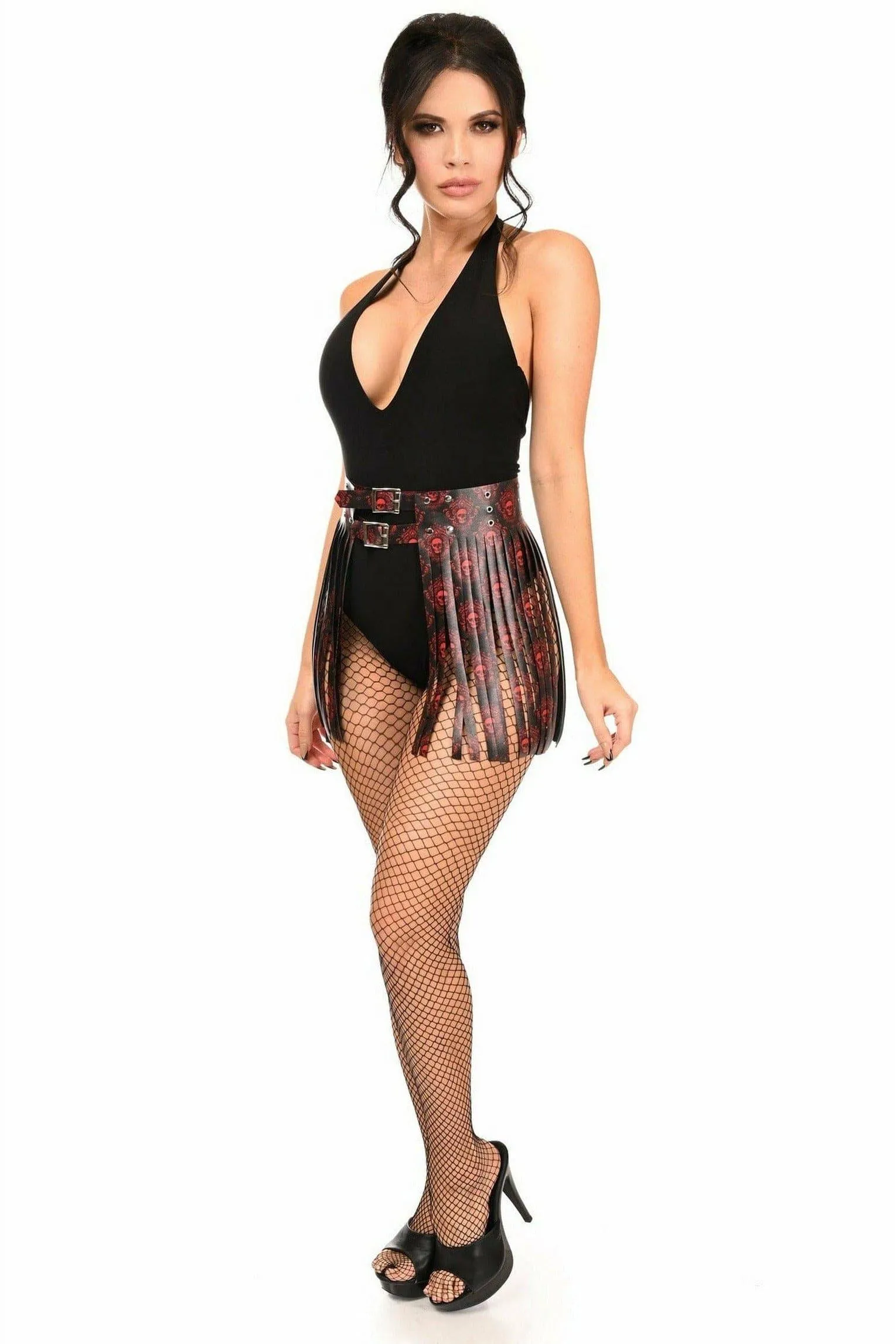 Daisy Corsets Black & Red Skull Faux Leather Fringe Skirt