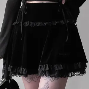 Dark Black Velvet High Waisted Lace Mini Skirt