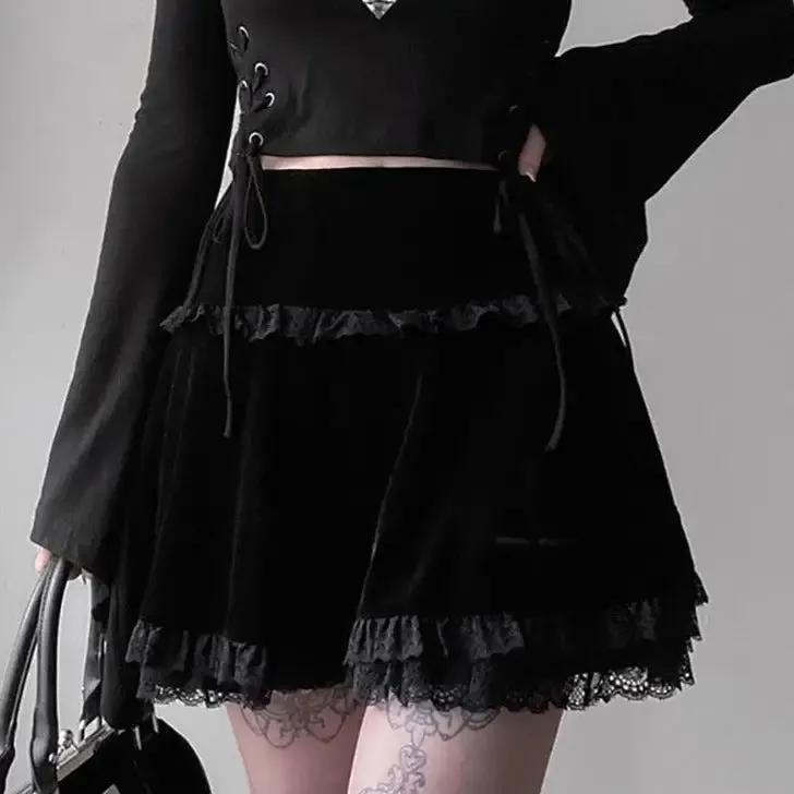 Dark Black Velvet High Waisted Lace Mini Skirt