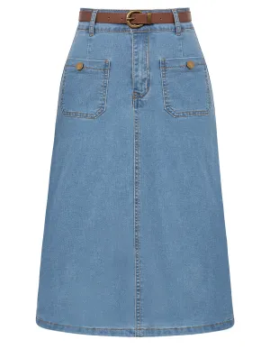 Denim Skirt with Belt Knee Length High Waisted Jean Skirts for Women