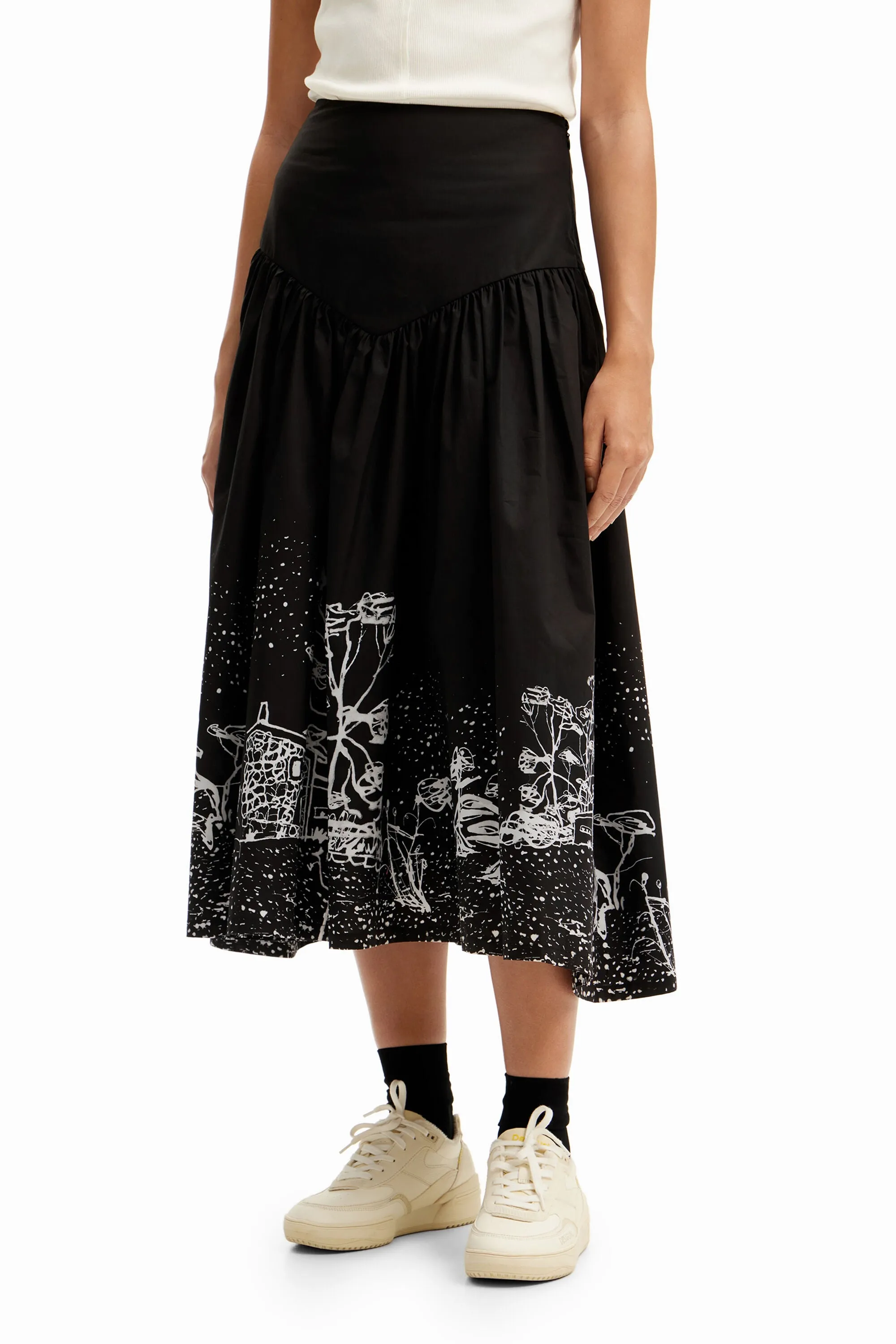 Desigual Poplin Landscape Midi Skirt - Black/White