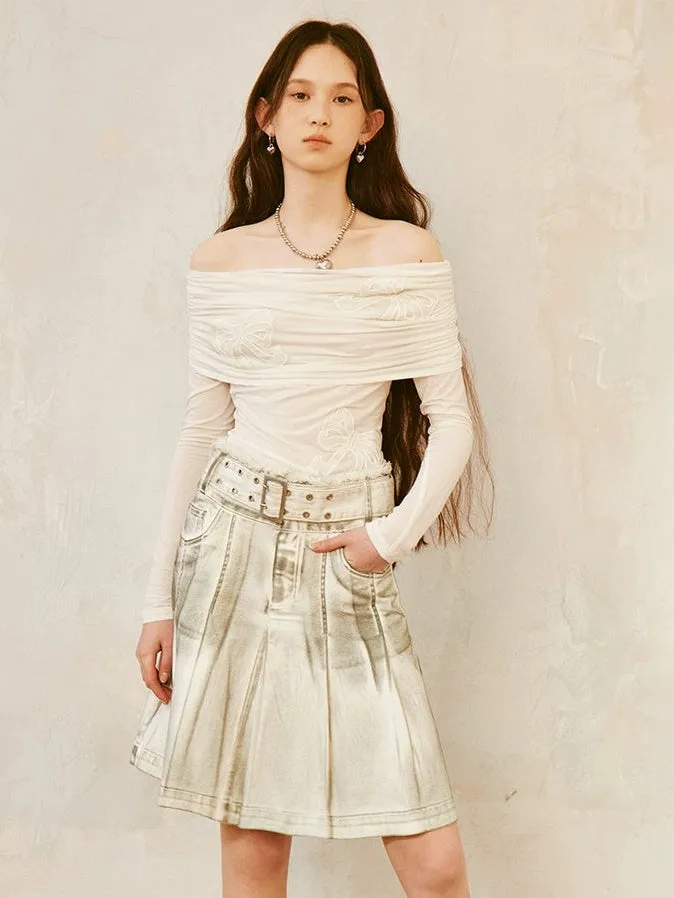 Dirty-colored High-waist Denim Pleated Skirt