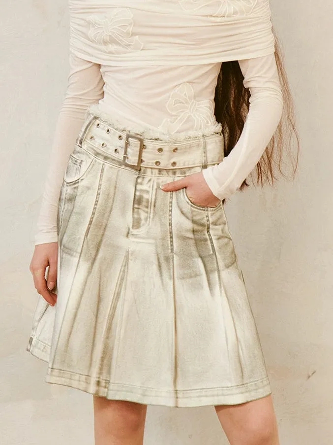 Dirty-colored High-waist Denim Pleated Skirt