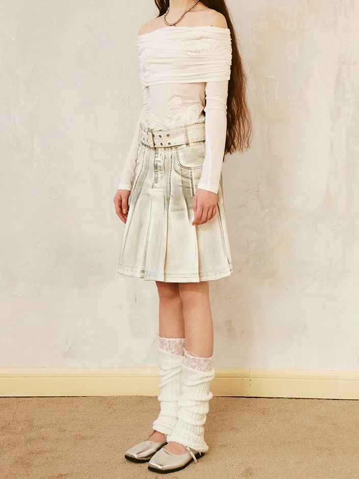 Dirty-colored High-waist Denim Pleated Skirt