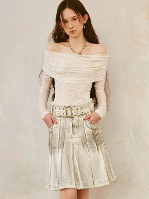 Dirty-colored High-waist Denim Pleated Skirt