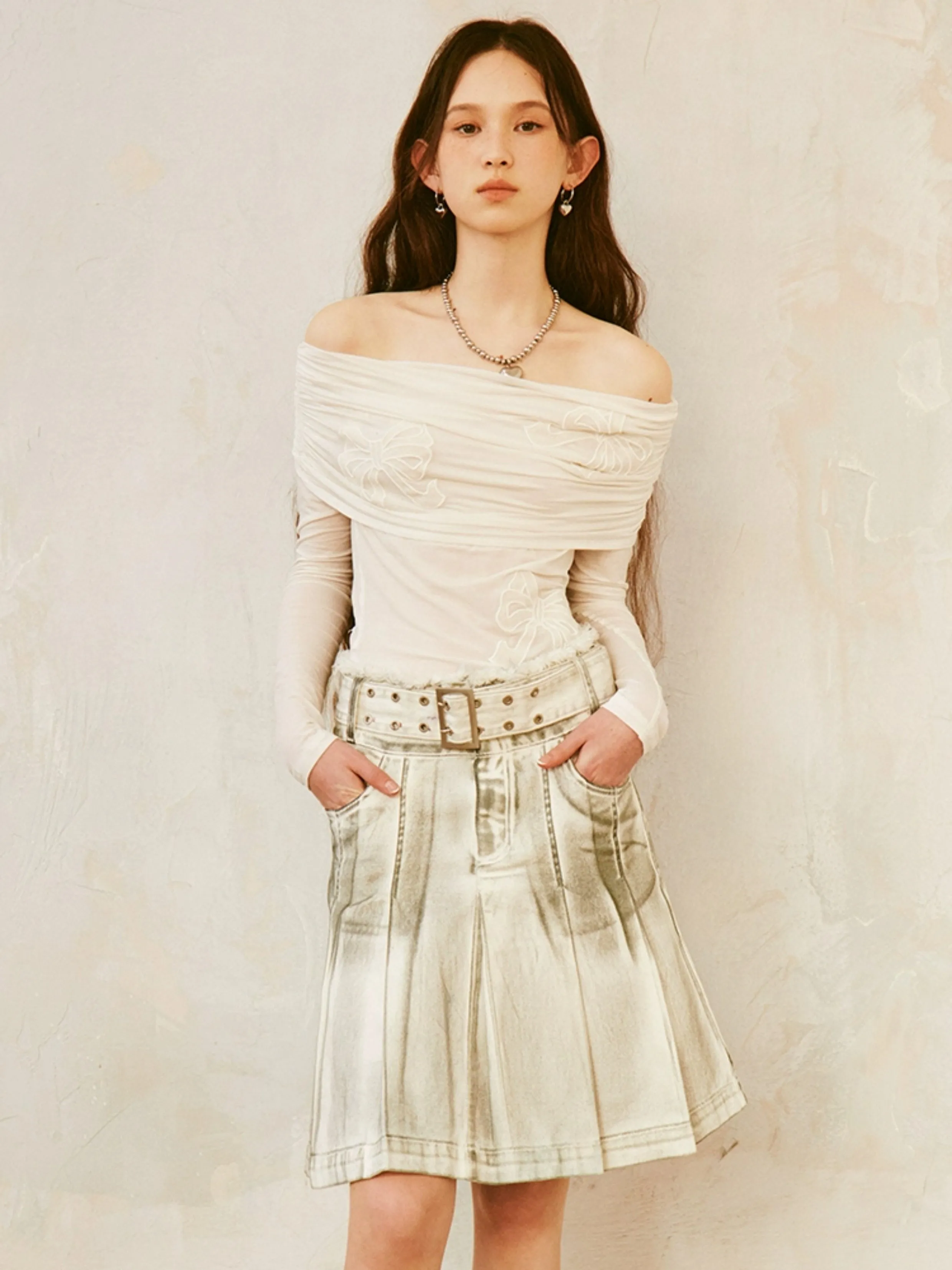 Dirty-colored High-waist Denim Pleated Skirt