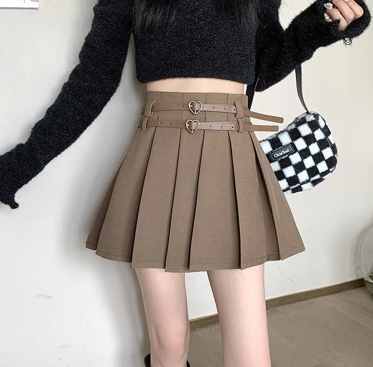 Double Heart Leather Belt Strap Brown White Black Pleated Mini Skirt