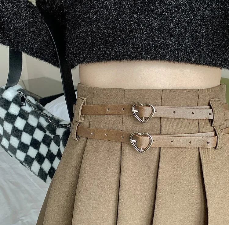 Double Heart Leather Belt Strap Brown White Black Pleated Mini Skirt