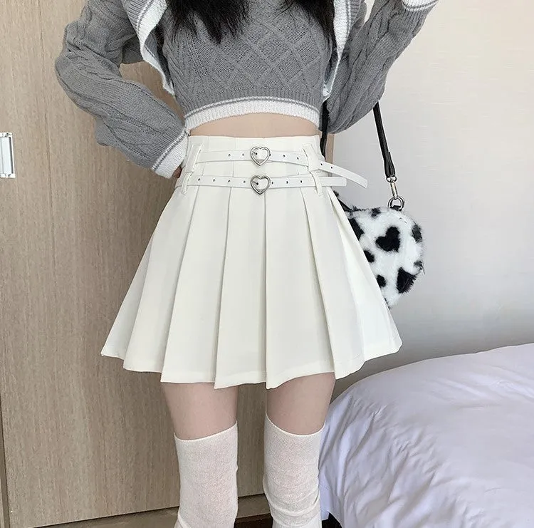 Double Heart Leather Belt Strap Brown White Black Pleated Mini Skirt