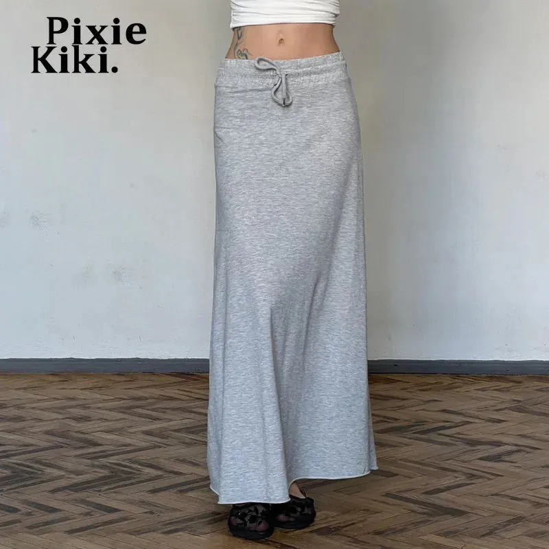 Drawstring Elastic Low Waist Fishtail Maxi Skirt Fall Clothes 2024 Women Casual Grey Knitted Long Skirts P67-CI41