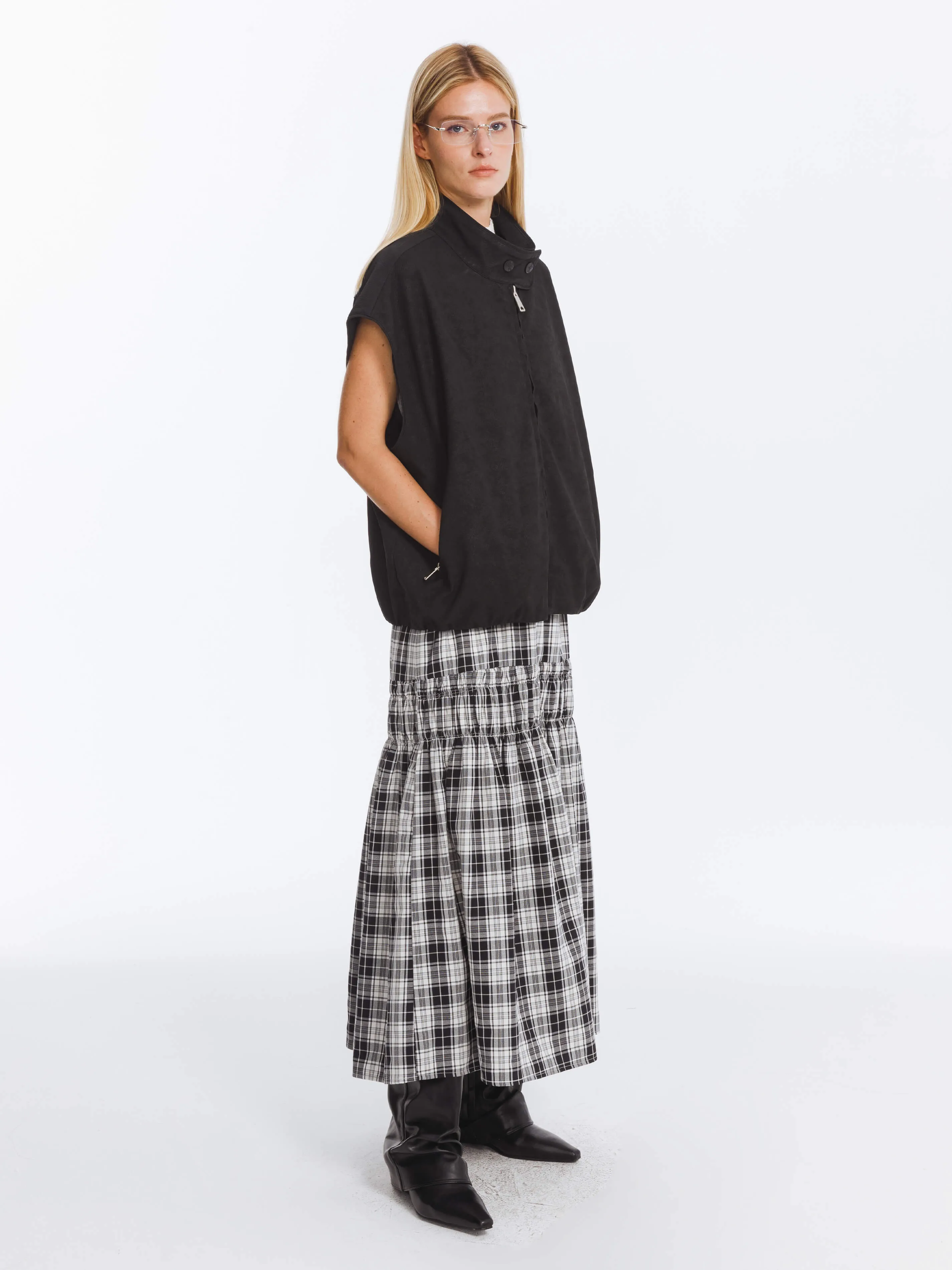 Elastic Drawstring High Waist Checked Skirt