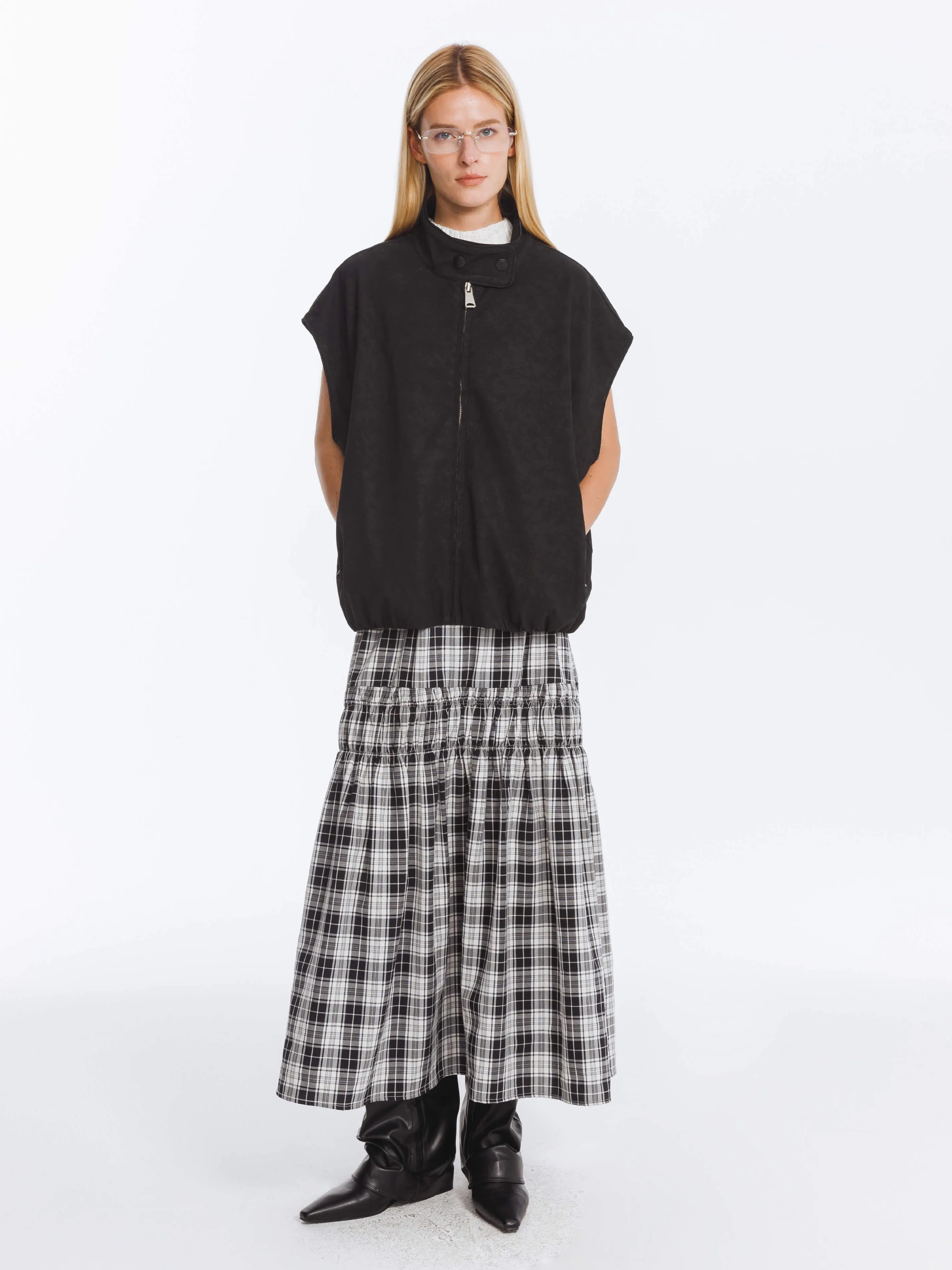 Elastic Drawstring High Waist Checked Skirt