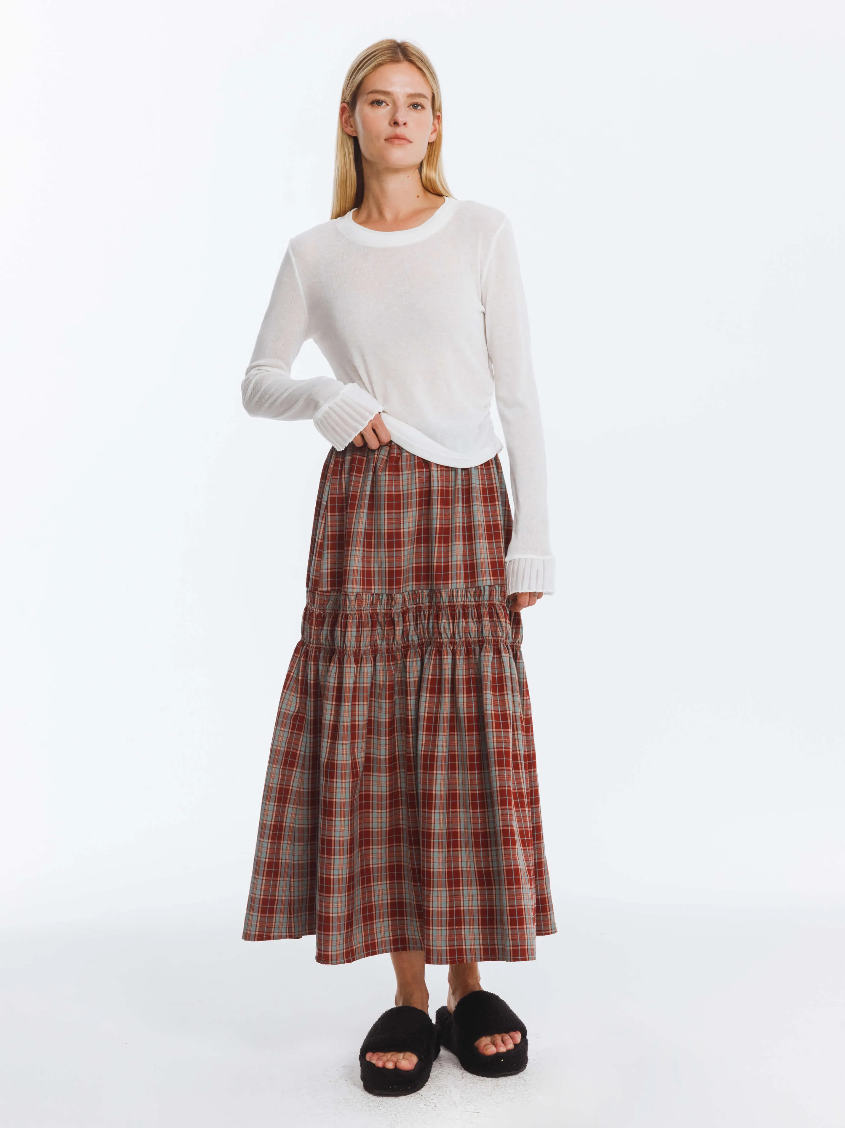 Elastic Drawstring High Waist Checked Skirt