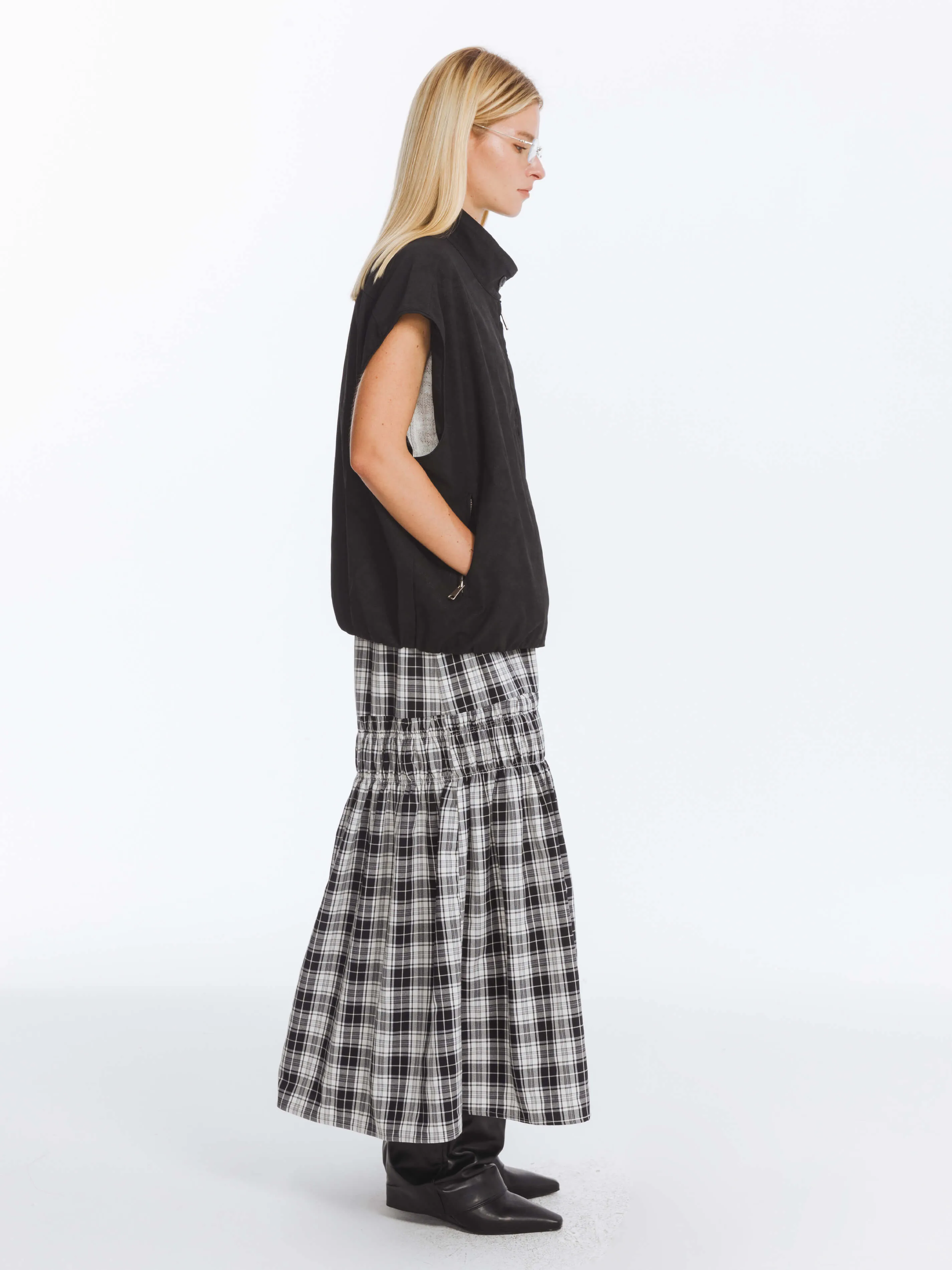 Elastic Drawstring High Waist Checked Skirt