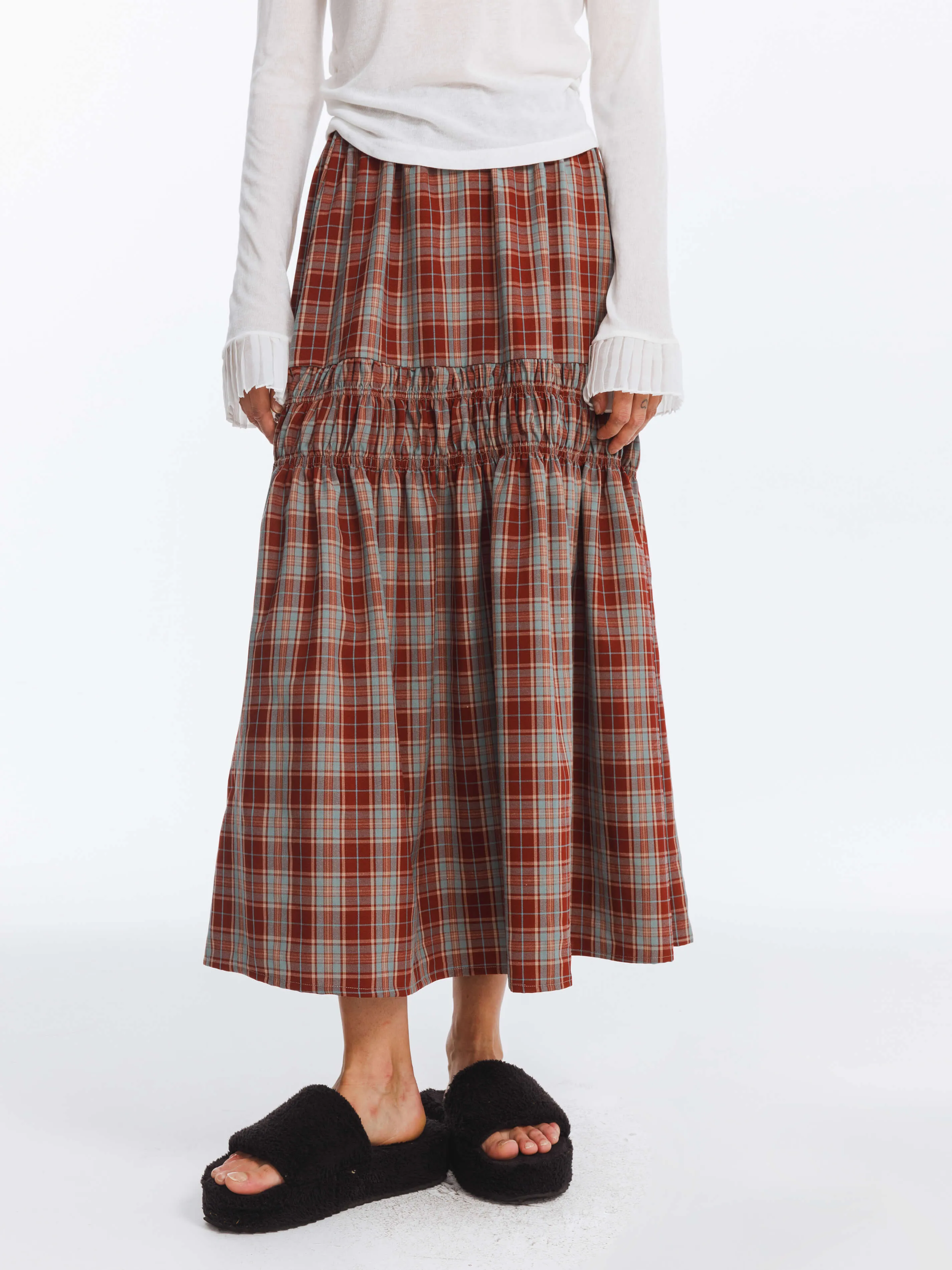 Elastic Drawstring High Waist Checked Skirt