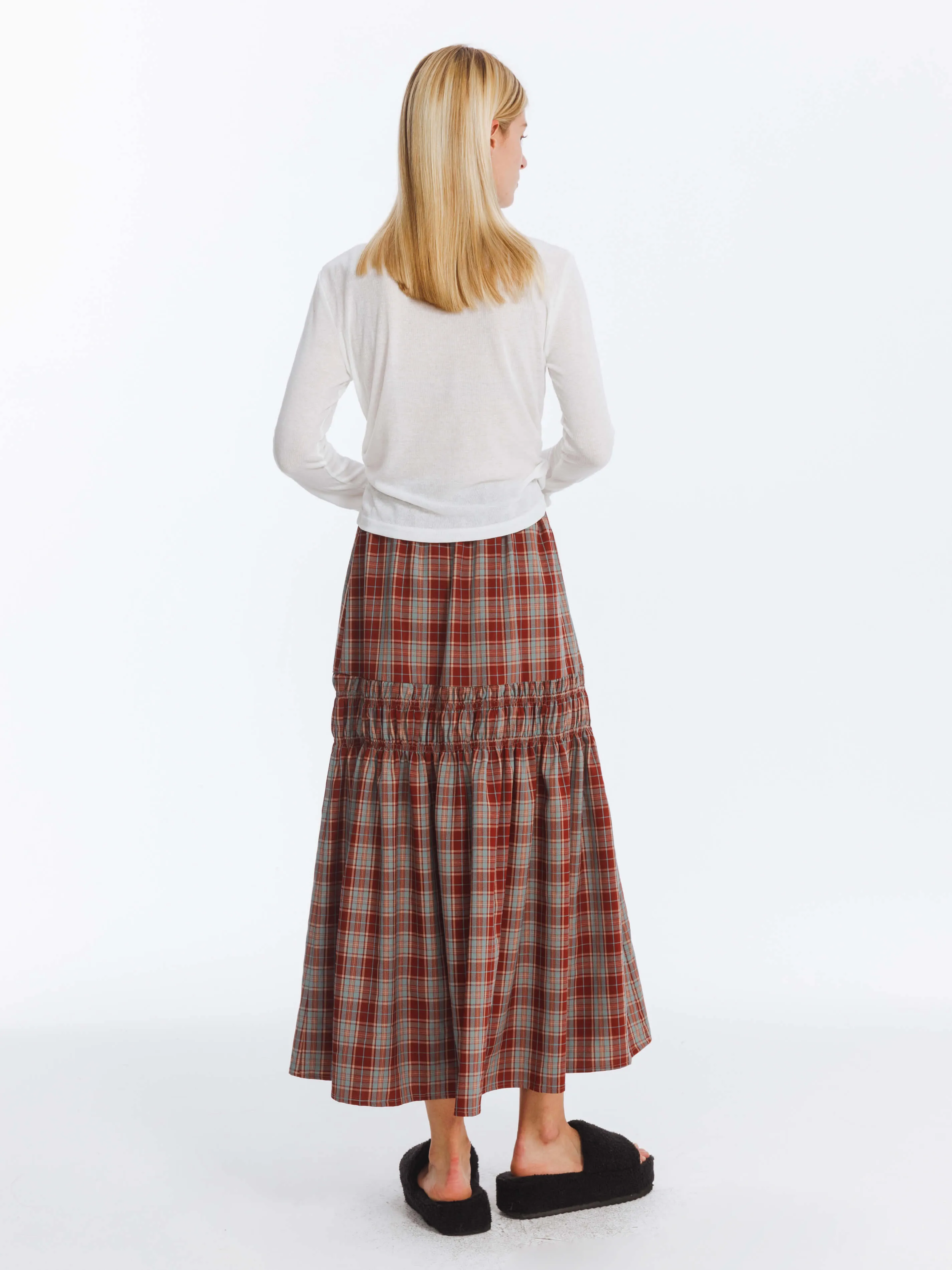 Elastic Drawstring High Waist Checked Skirt